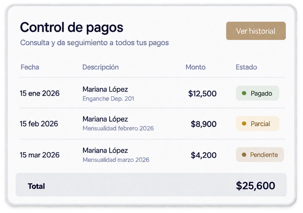 Vista del control de pagos